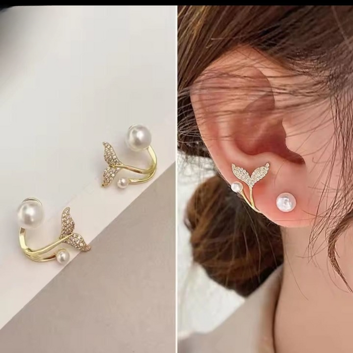 Korean Golden Fishtail Fashion Stud Earrings For Women Jewelry Trendy Simulated Pearl Butterfly Earrings Piercing