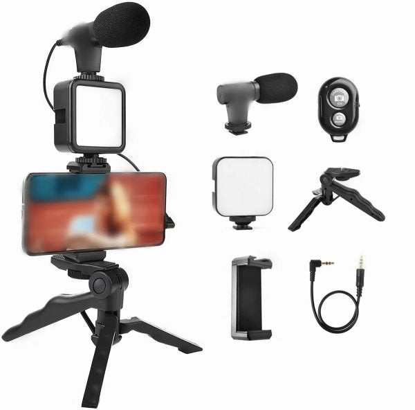 Vlogging Video Making Kit With Light, Table Tripod Stand, Microphone, Phone Holder, Bluetooth Remotesmart Phone Vloging Kit